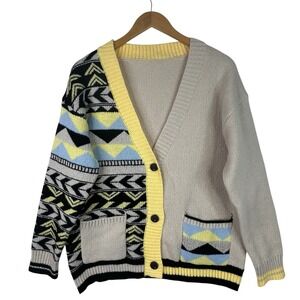 Colorblock Knit Cardigan Womens Geometric Grandpa‎ Core Large Vintage Inspired